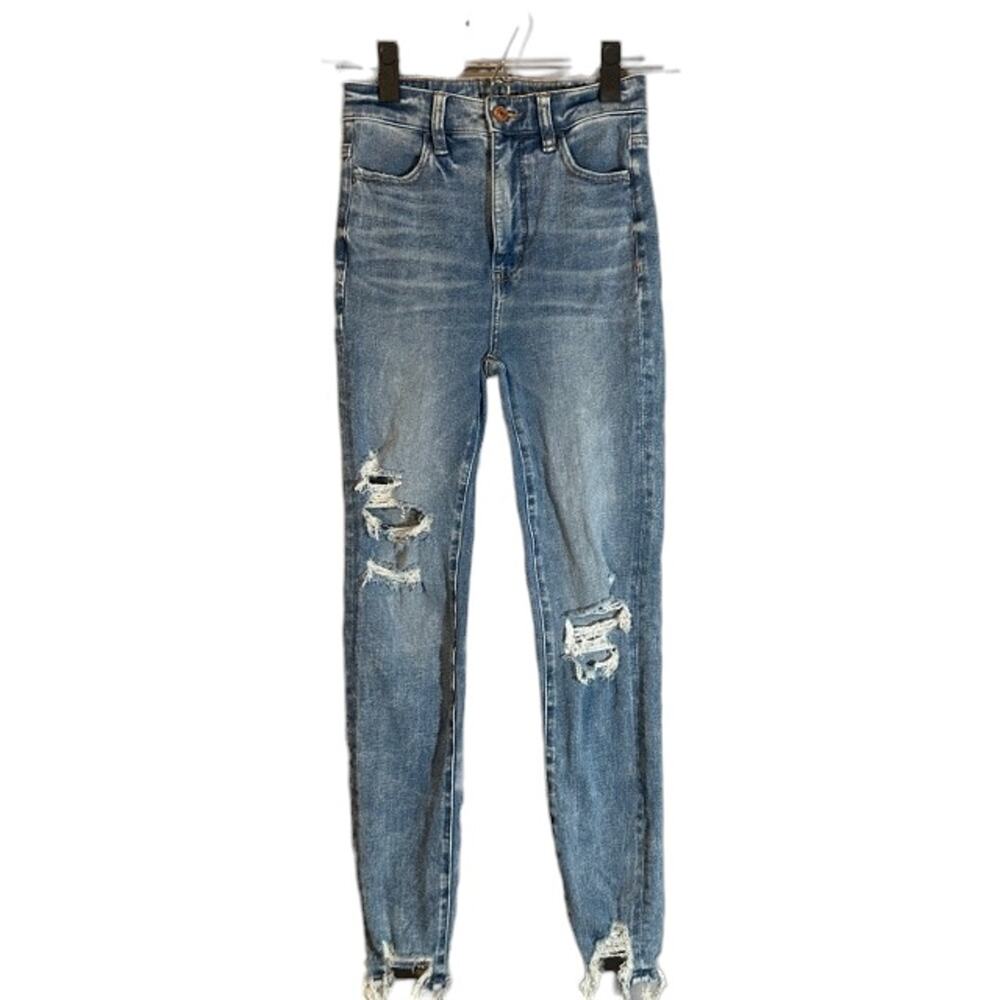 American Eagle Women’s Blue Distressed Shark Bite Fringe Denim Jeans Size 0R